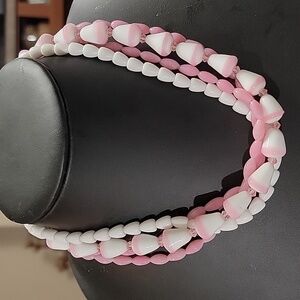 Vintage Glass Pink & White Four Strand Cone Beaded Necklace